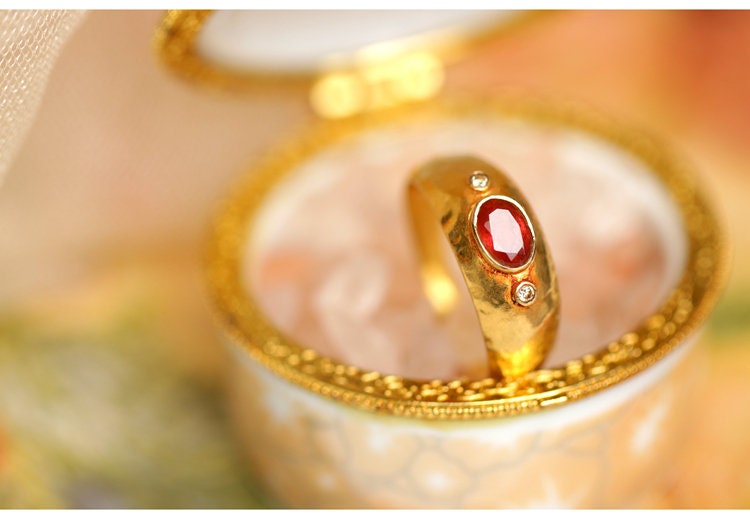 Red Tourmaline Diamond 18K Yellow Gold Statement Ring