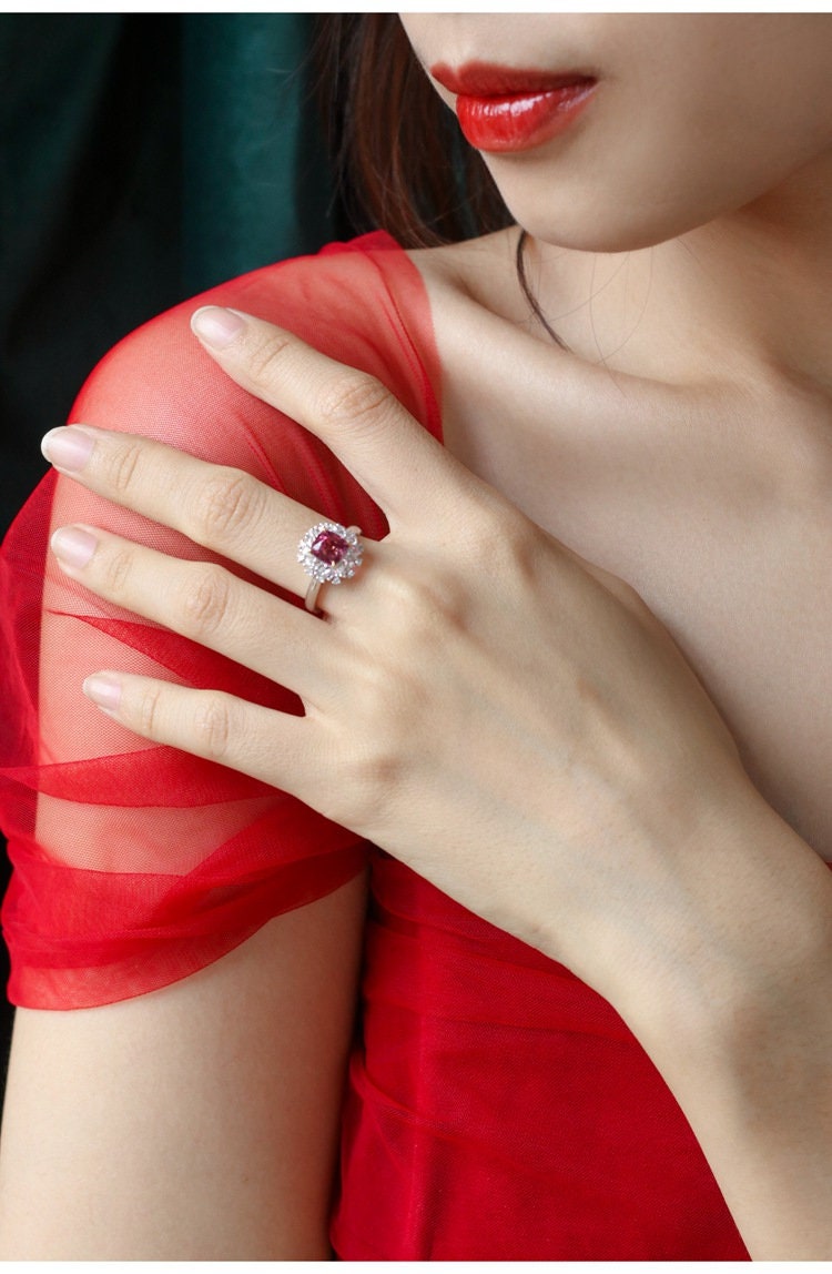 1ct Pink Red Spinel & Diamond Cluster Ring - 18K White Gold