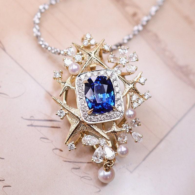 1.42ct Blue Sapphire & Pearls Diamond Pendant in 18K Gold