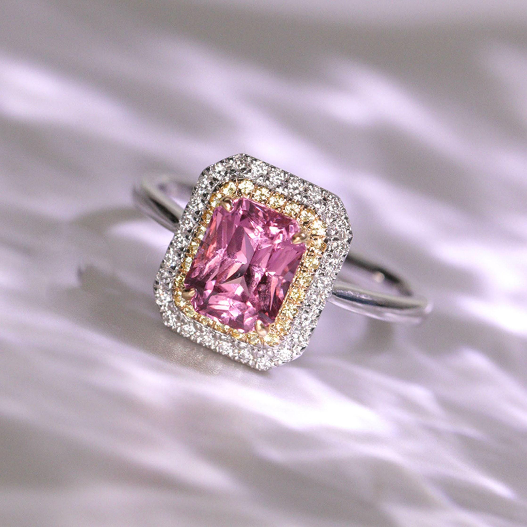 1.7ct Pink Spinel Cushion Ring with Diamonds in 18K Two Tone Gold