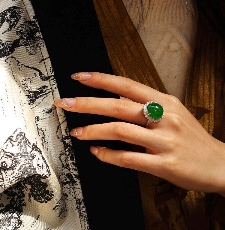 Huge Green Jade Cabochon Halo Diamonds 18K Ring & Necklace