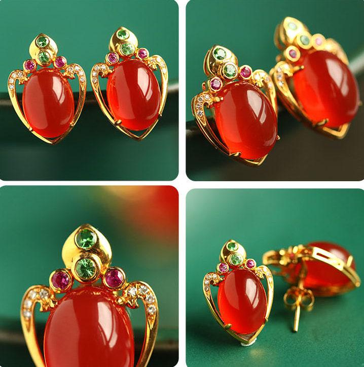 Southern Red Agate & Diamond Squid Earrings - 18K Yellow Gold