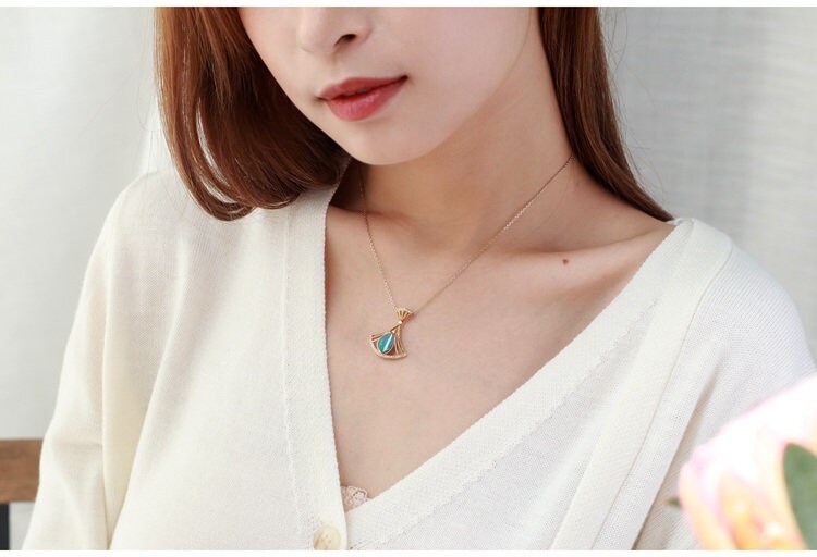 Blue Opal Diamond Fan Shape Pendant - 18K Yellow Gold