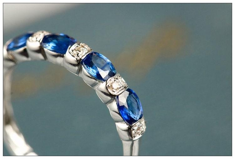 Four Blue Sapphire & Chaneel Diamond Ring in 18K White Gold