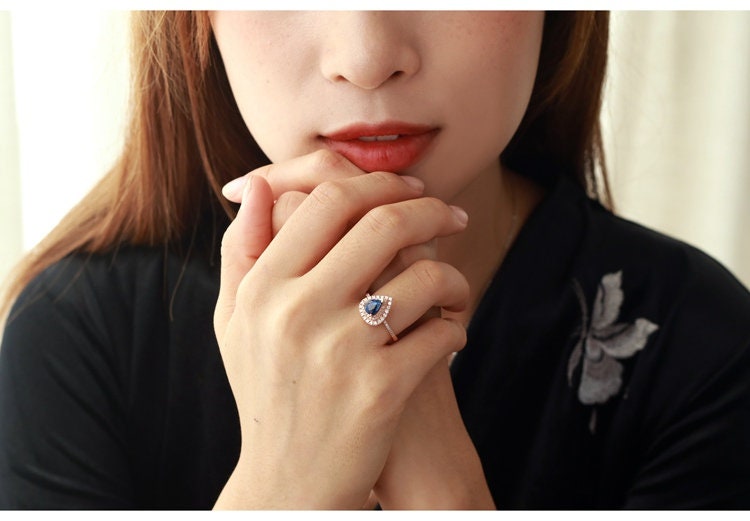 Blue Sapphire Teardrop Ring with Halo Diamonds - 18K White Gold