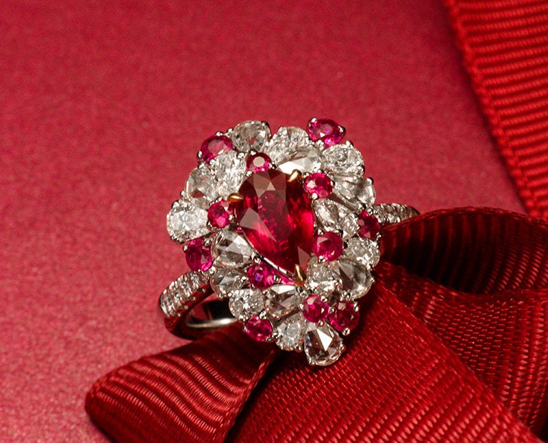 1ct Pigeon Blood Ruby Diamonds Ring in 18K White Gold