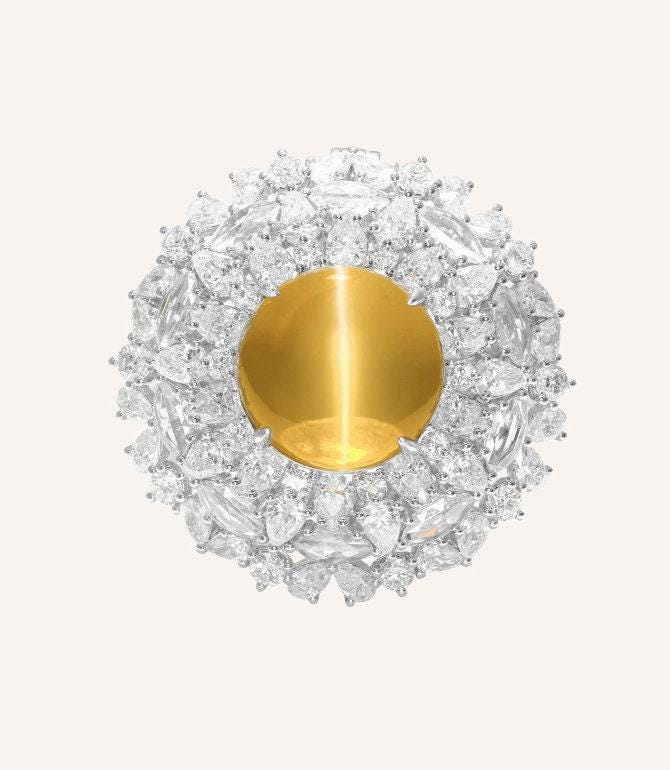 2 Style + Chrysoberyl Cat's Eye Gemstone & Cluster Diamond Ring in Platinum 950