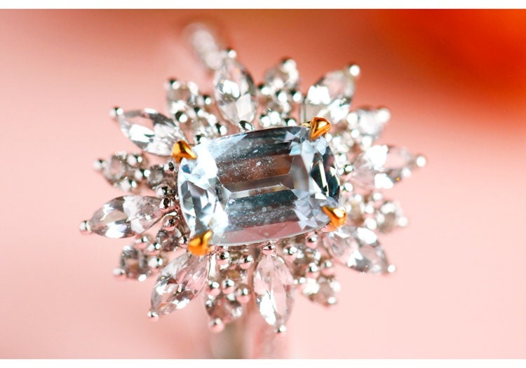 Blue Grey Spinel Rectangle & Diamond Proposal Ring - 18K Gold