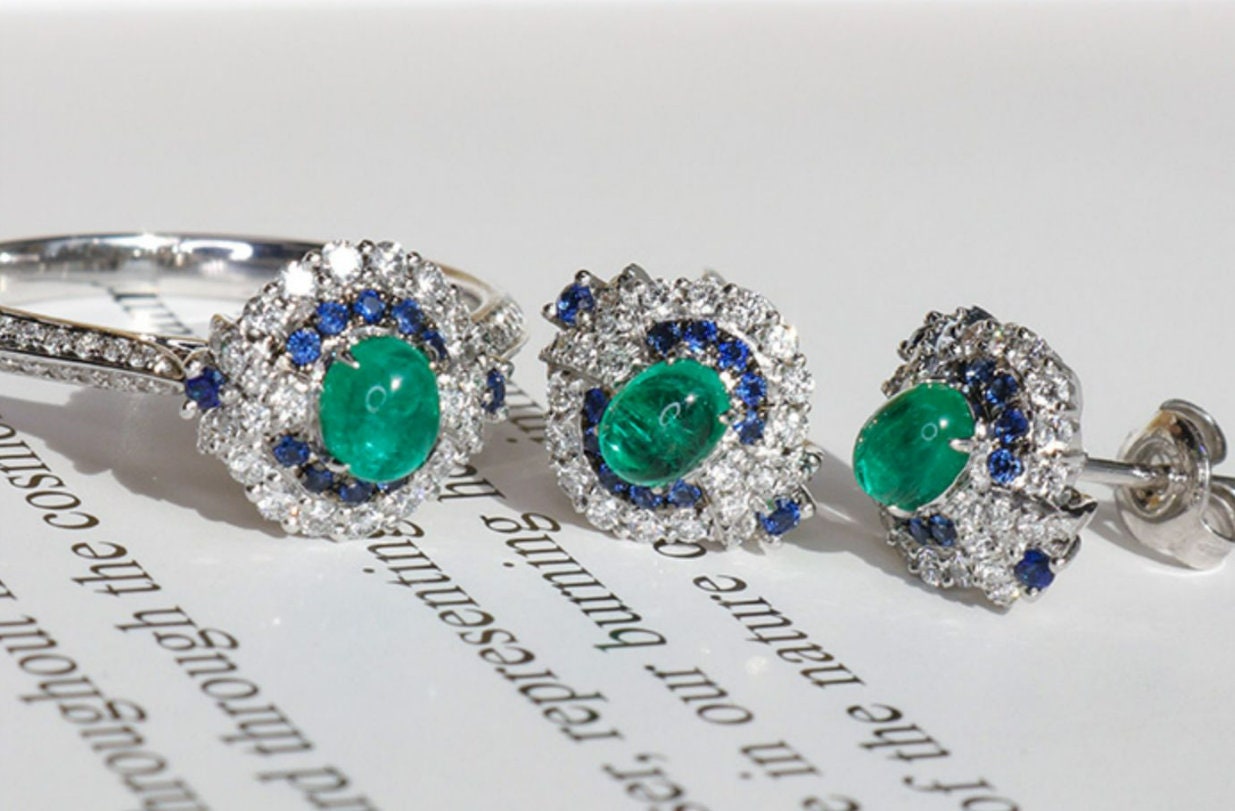 Cabochon Emerald & Sapphire Diamond Ring in 18K White Gold