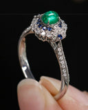 Cabochon Emerald & Sapphire Diamond Ring in 18K White Gold
