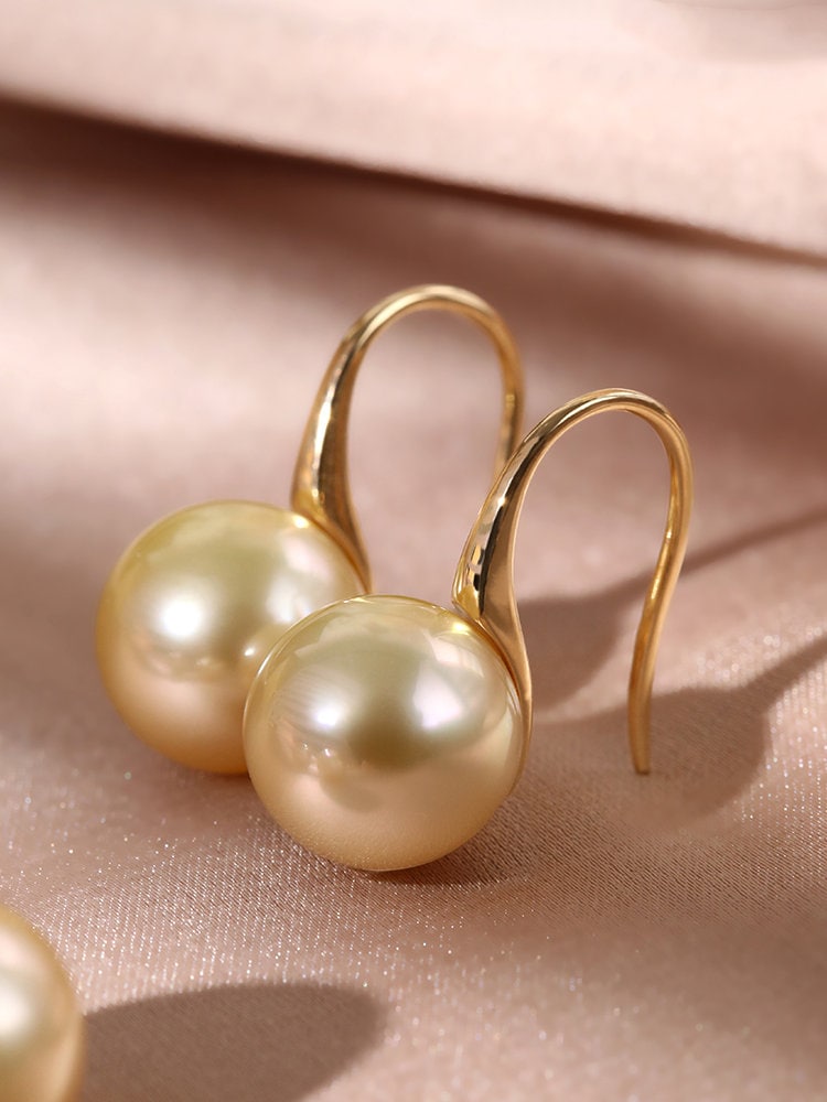 10-12mm South Sea Golden Pearl 18K Gold Hook Earrings