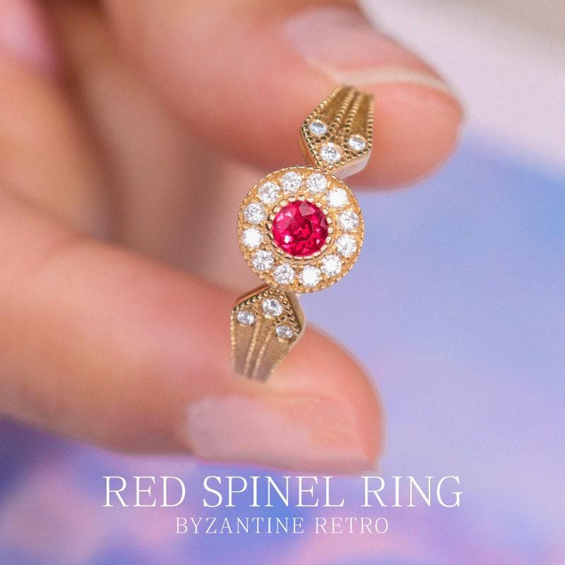 Byzantine Style 18K Gold Ring with Jedi Spinel & Diamonds