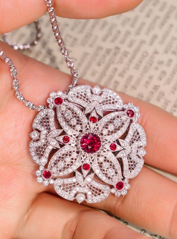 1.01ct Ruby Diamonds Pendant Ring in 18K White Gold