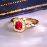 Red Spinel Cushion & Diamond Halo Ring - 18K Yellow Gold