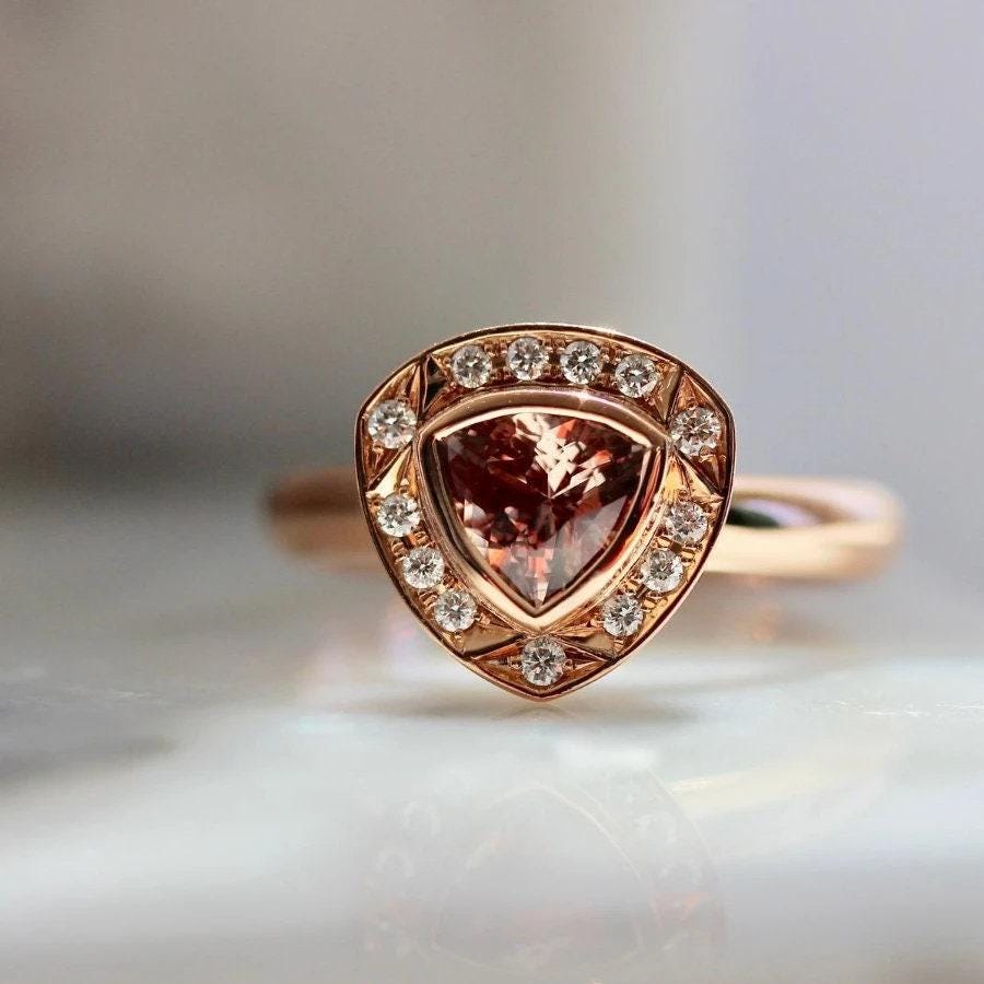 Trillion Cut Peach Sapphire Diamonds 14K Rose Gold Ring