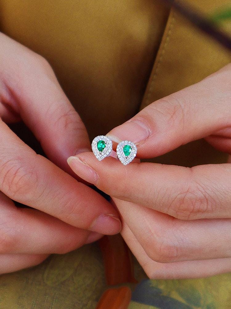 Emerald Teardrop Earrings with Double Diamond Halo in Platinum 950