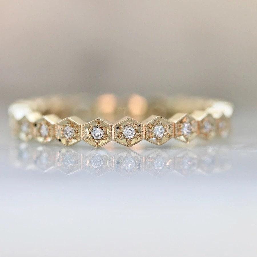 Hexagon Shaped Diamond Engraved Ring in 18K White Gold