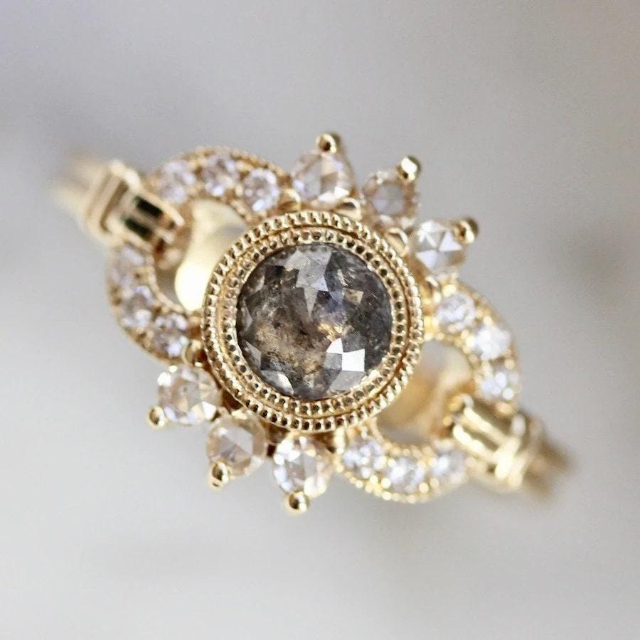 Grey Salt & Pepper Rose Cut Diamond 18K Gold Engagement Ring
