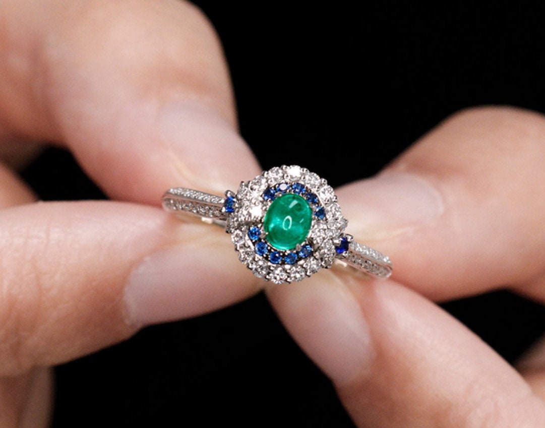 Art Deco Emerald & Sapphire Diamond Jewelry Set - 18K White Gold