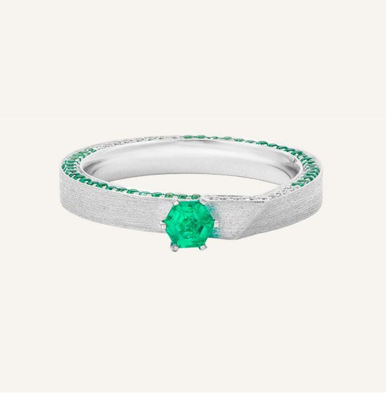 Hexagon Cut Emerald & Tsavorite Ring in Matte Finish Platinum 950