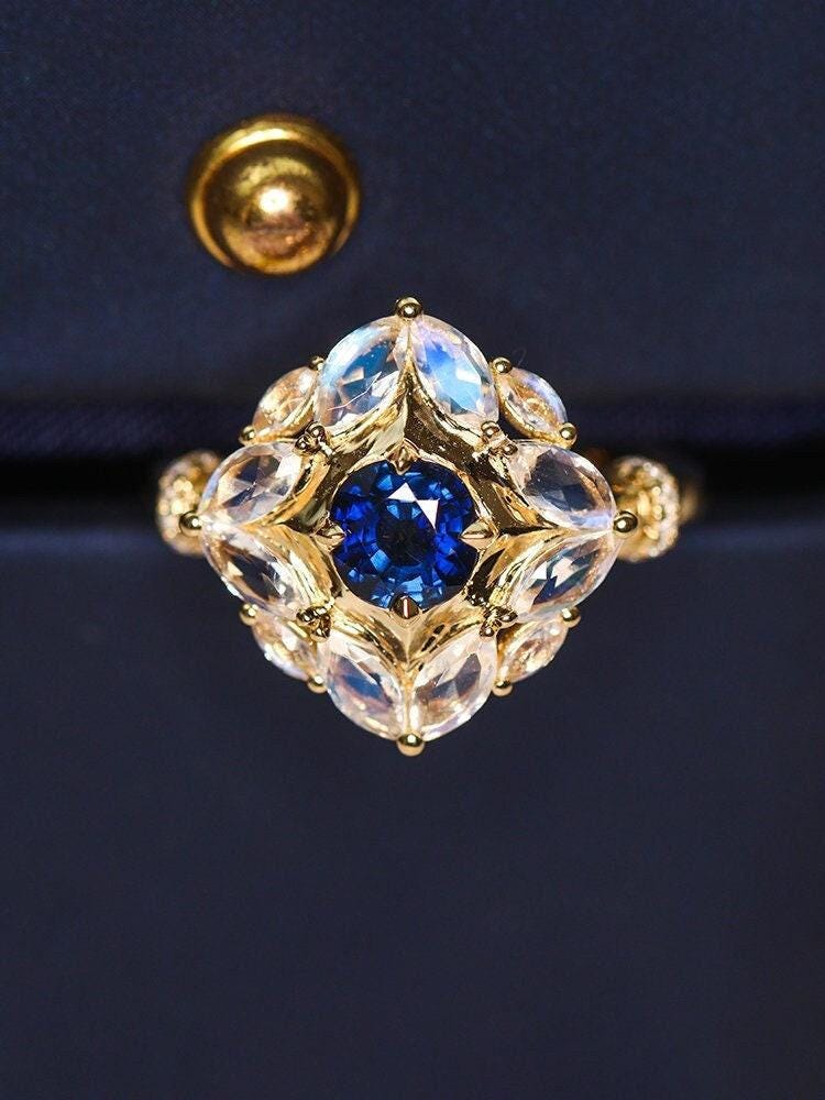 Blue Sapphire & Moonstone 18K Gold Ring with Diamonds