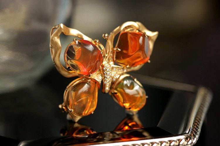 Fire Opal Butterfly Design 18K Gold Pendant