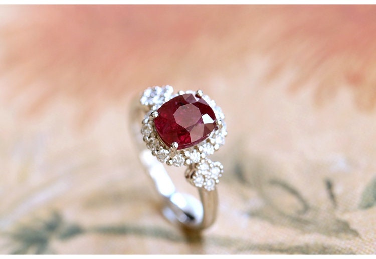 2.16ct Rubellite Cushion & Diamond Ring in 18K White Gold