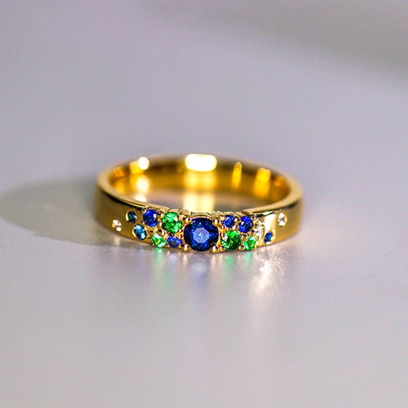 Blue Sapphire Tsavorite Cluster Band Ring in 18K Yellow Gold
