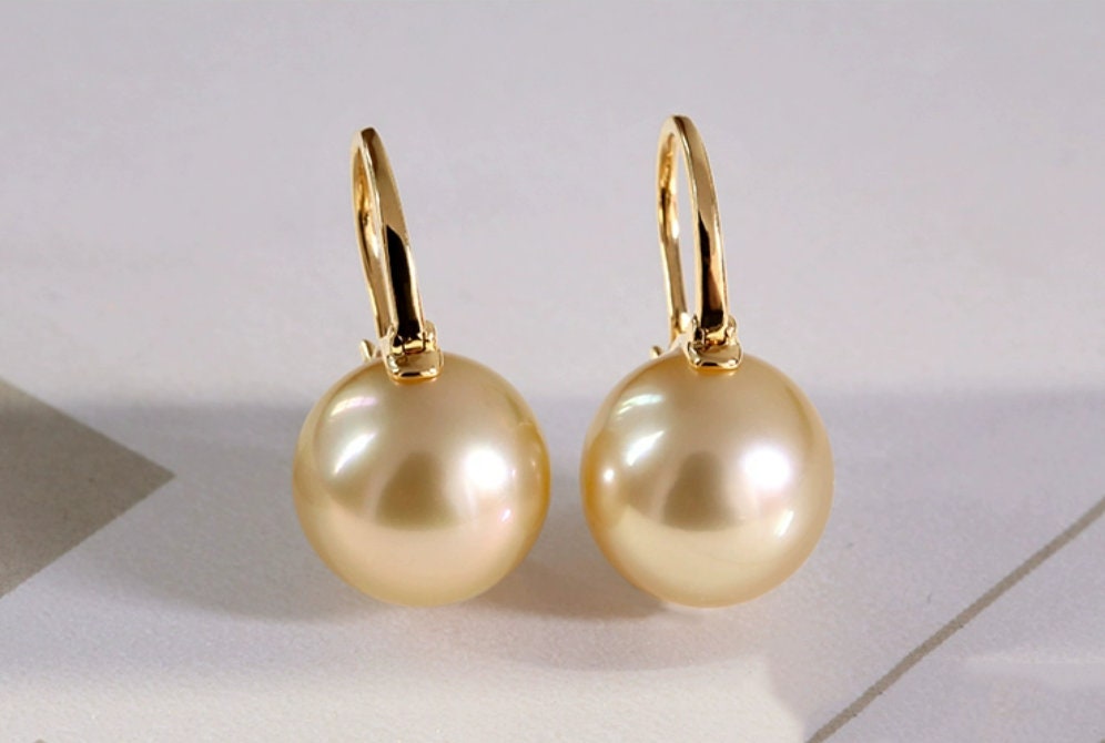 Exquisite 14mm Golden Pearl Hoop Earrings in 18K Yellow Gold