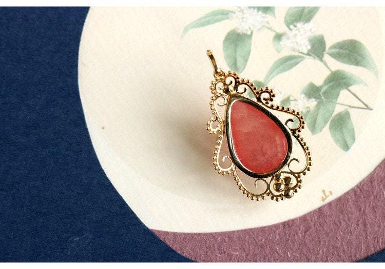 Rhodochrosite 12x17mm & Akoya Baby Pearl Pendant in 18K Yellow Gold