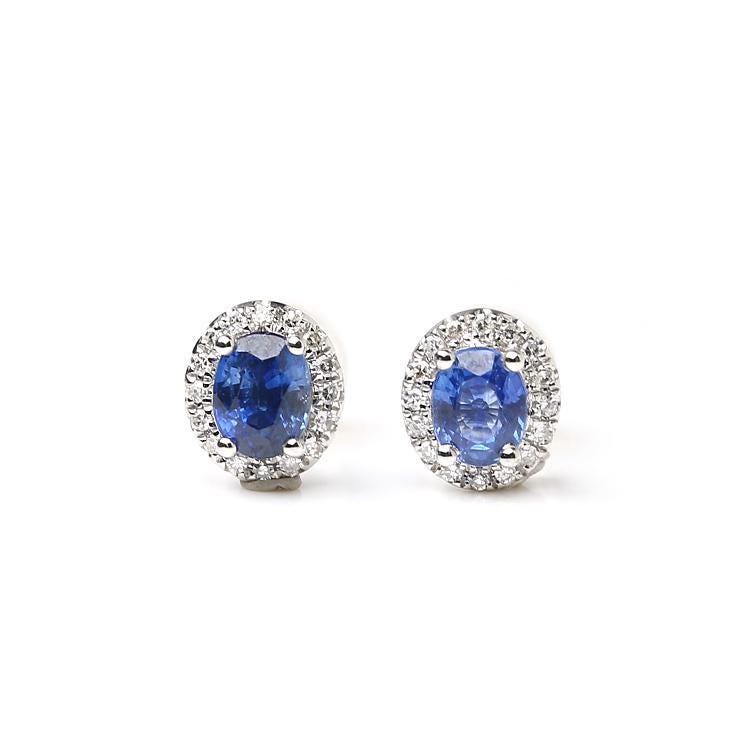 Blue Sapphire & Halo Diamonds Stud Earrings - 18K White Gold