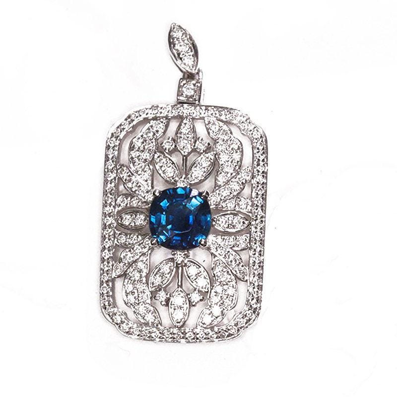 Blue Sapphire Full Diamonds Pave Pendant in 18K White Gold