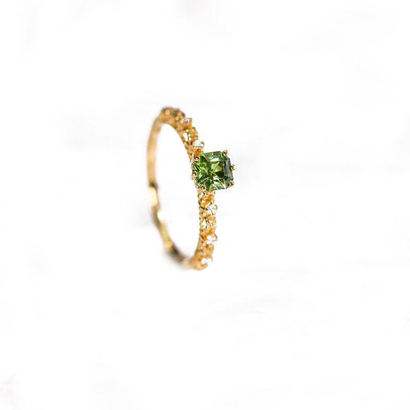 Peridot Asscher Cut & Diamond Pave 18K Yellow Gold Ring