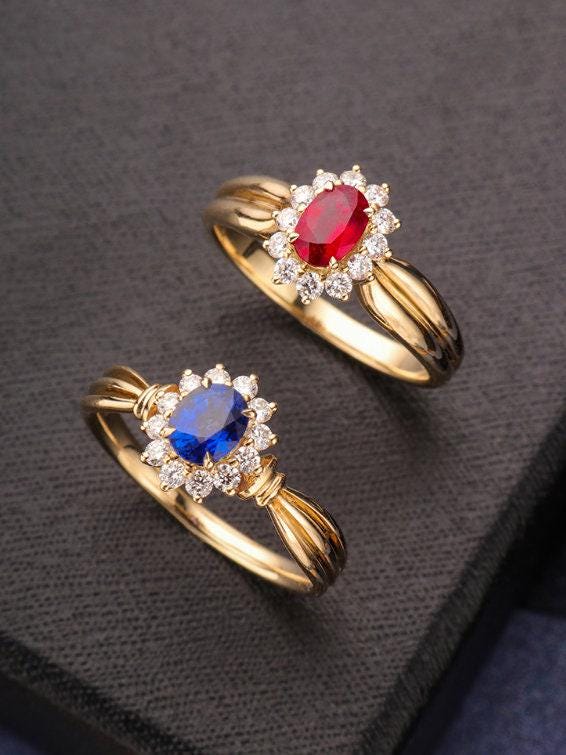 Halo Set Sapphire 18K Gold Ring with Pigeon Blood Ruby