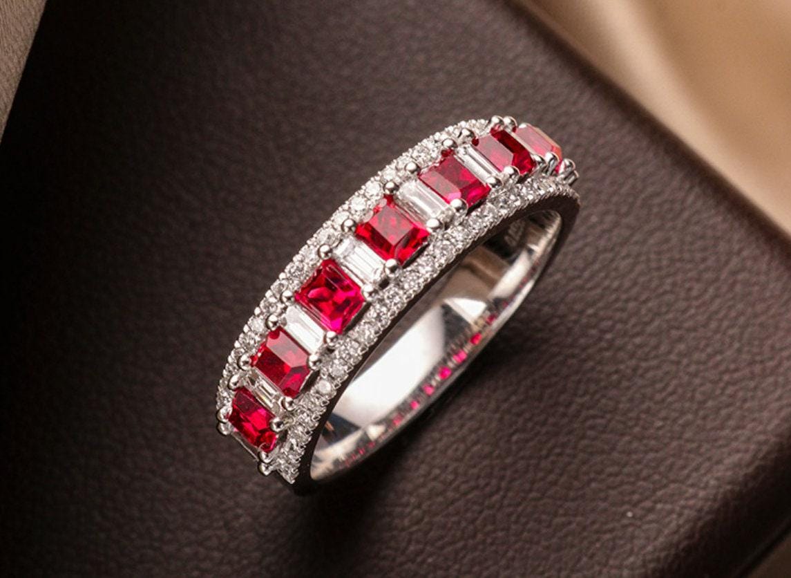 Spinel Pave Set 18K White Gold Ring with Channel Diamonds