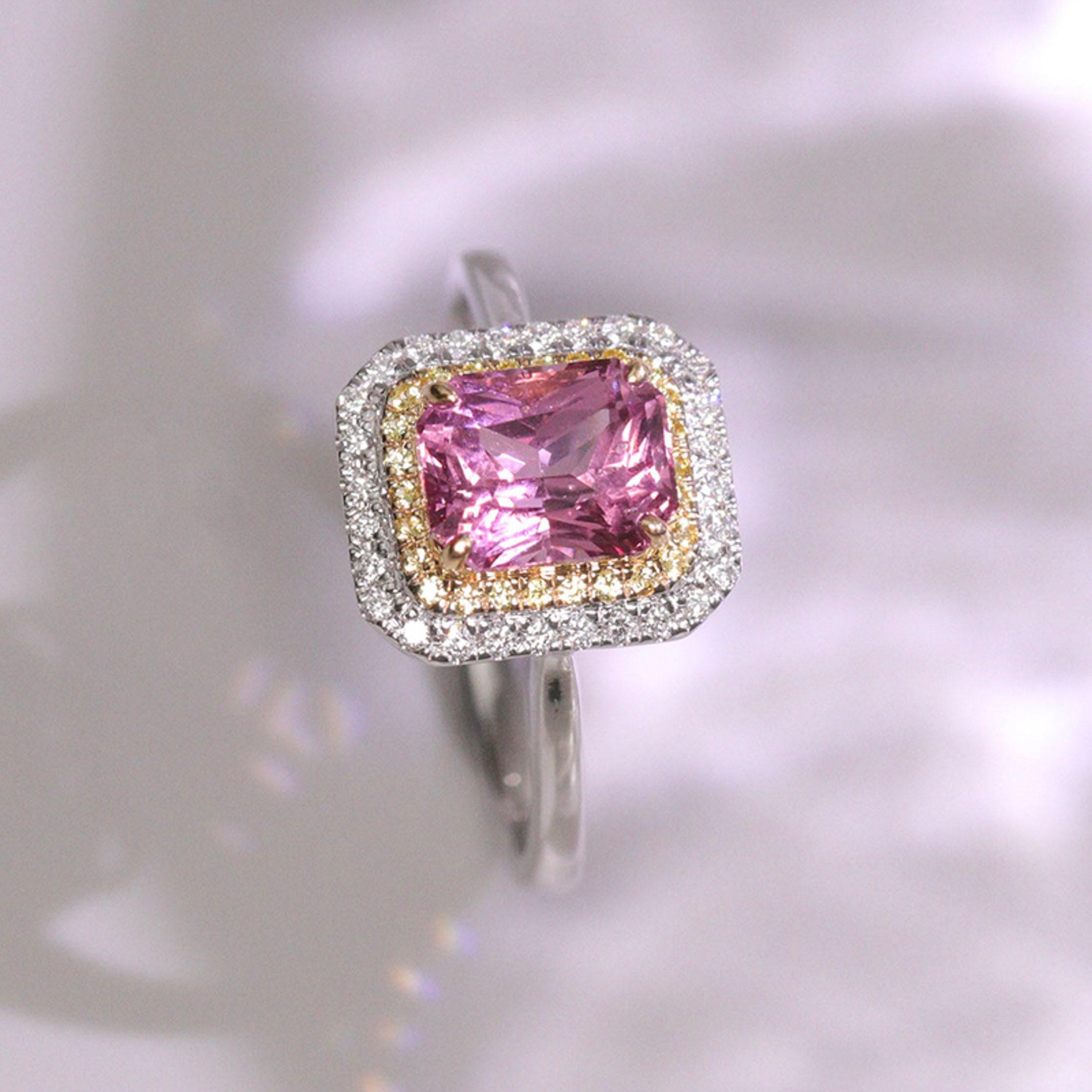 1.7ct Pink Spinel Cushion Ring with Diamonds in 18K Two Tone Gold