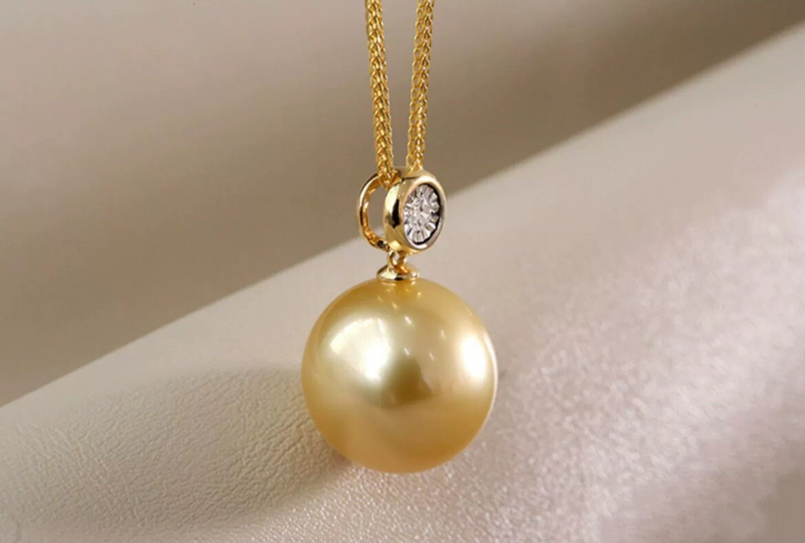 14mm South Sea Golden Pearl & Diamond Necklace in 18K Gold