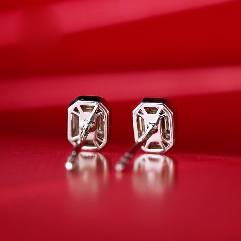Rectangle White Sapphire Emerald Cut Studs - 18K White Gold