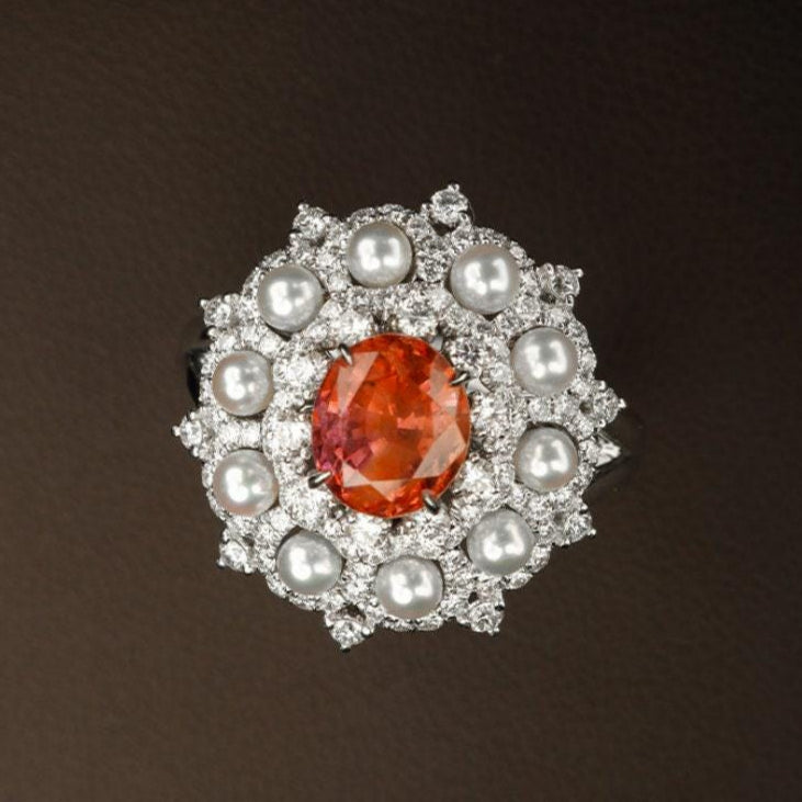 Sunset Padparadscha Sapphire 18K Gold Ring with Diamonds Aound
