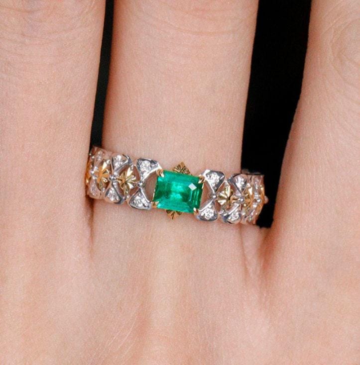 Italy-Crafted Emerald Wedding Diamonds Ring in 18k Two Tone Gold