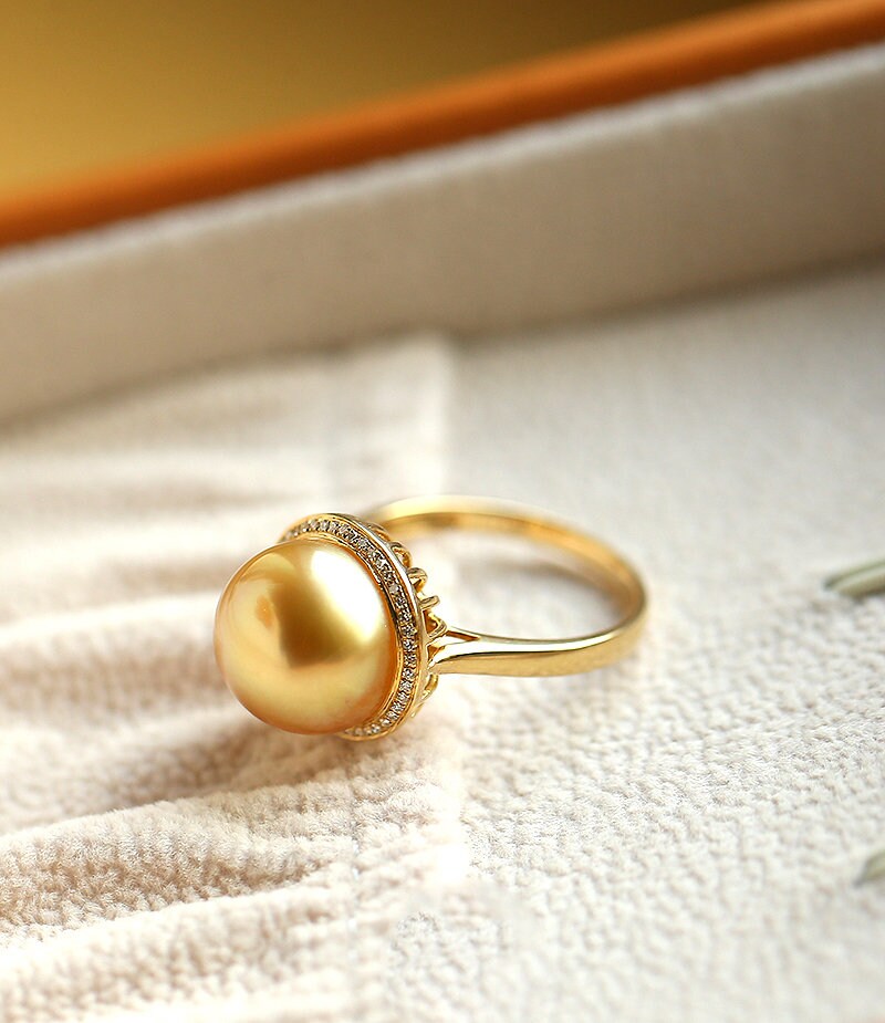 11mm Golden South Sea Pearl & Diamond Halo Ring in 18K Yellow Gold