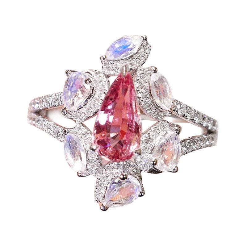 Pink Sapphire Teardrop & Moonstone Cluster Ring - 18K White Gold