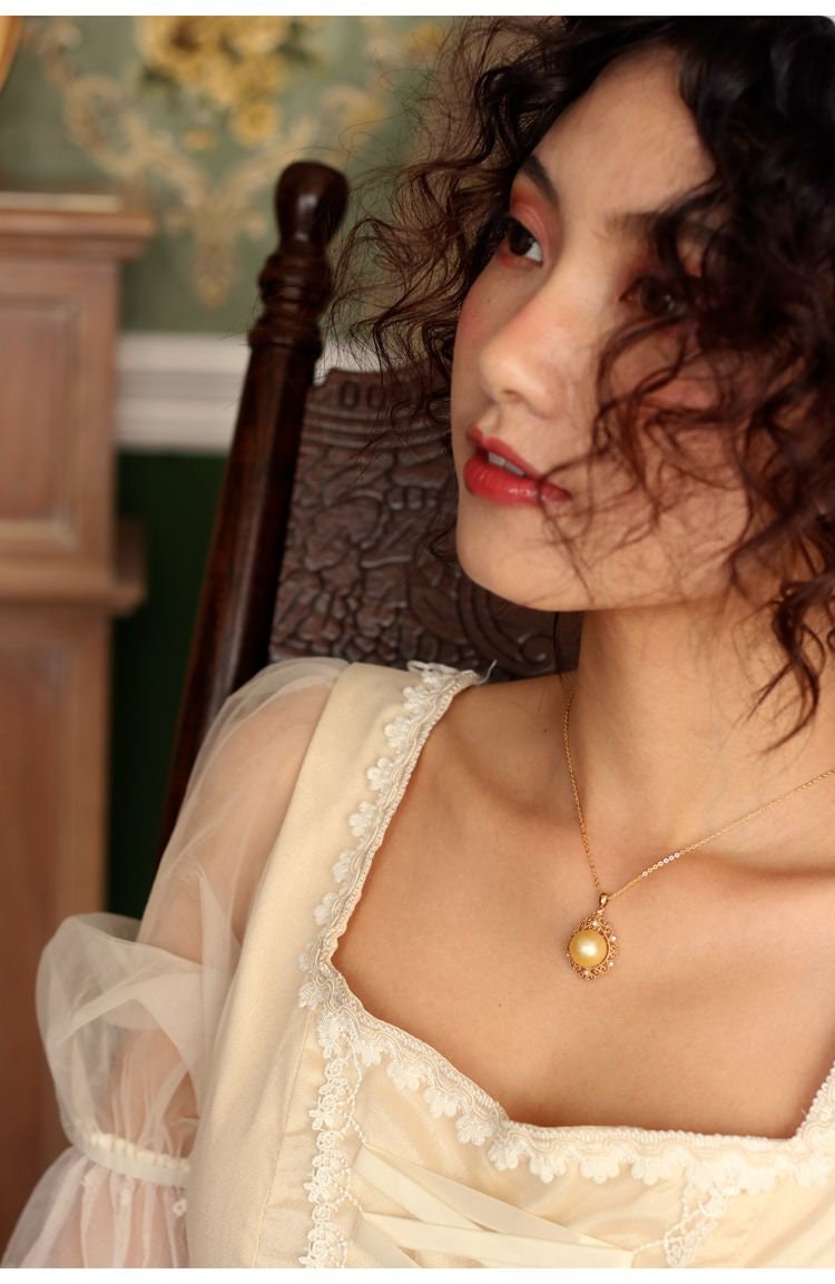 Granulation Design Vintage Necklace with 12mm Deep Golden South Sea Pearl in 18K Gold