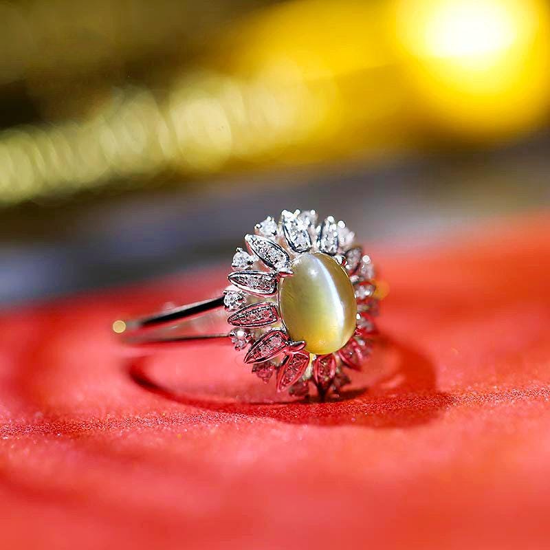 1.3ct Chrysoberyl Cat's Eye Gemstone Diamond Ring in 18K White Gold