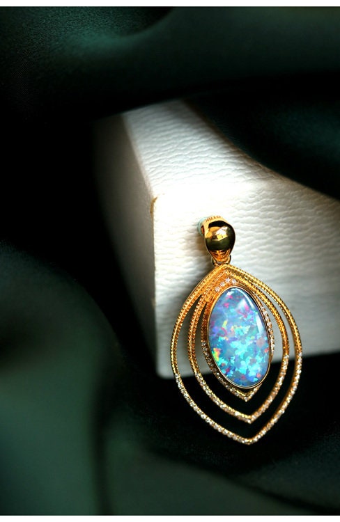 Mermaid Opal Pendant Necklace - 18K Yellow Gold with Diamond