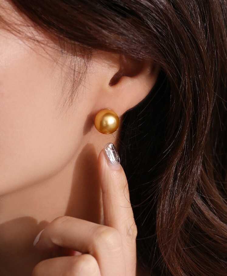 Huge 13mm Deep Gold South Sea Pearl Studs in 18K Yellow Gold