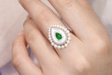 Emerald Cabochon Pearl 18K White Gold Vintage Ring