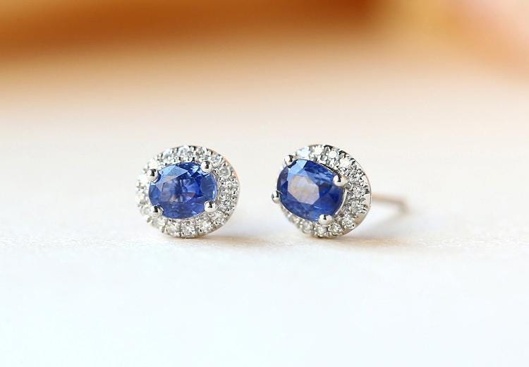 Blue Sapphire & Halo Diamonds Stud Earrings - 18K White Gold