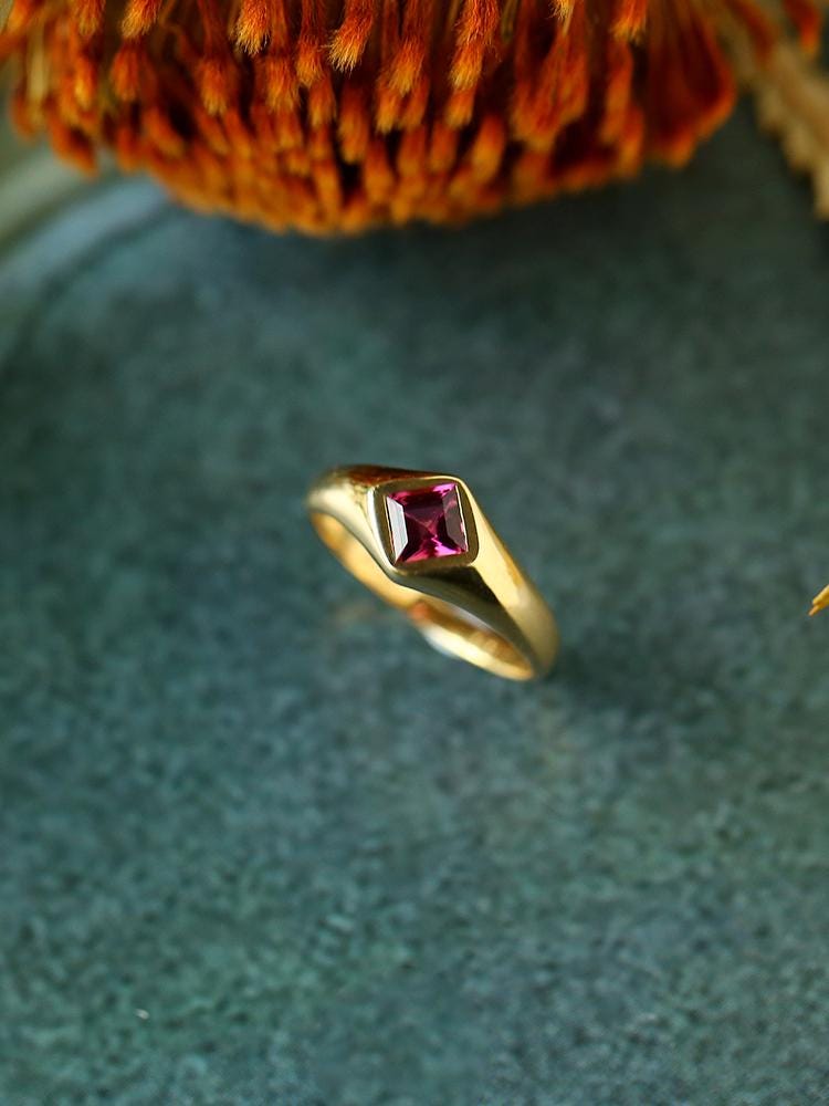 Red Tourmaline Bezel Set Ring in 18K Yellow Gold