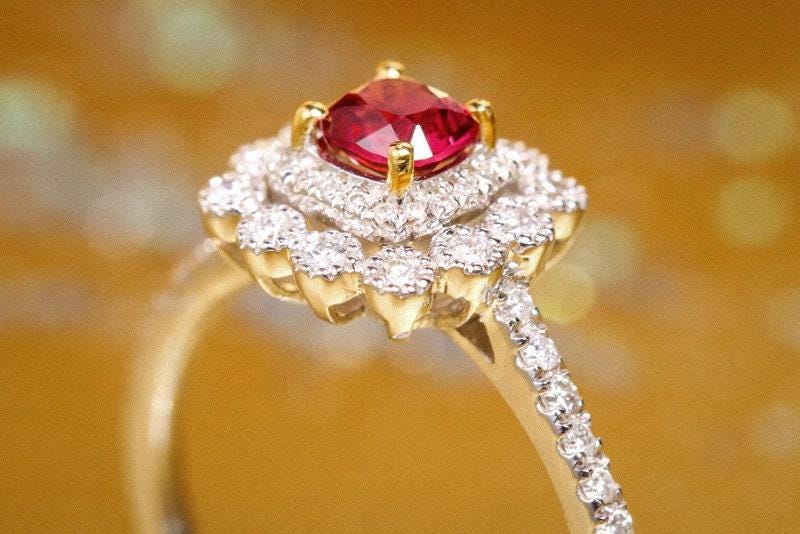 Double Halo Pinkish Spinel 18K Wedding Ring with Diamond